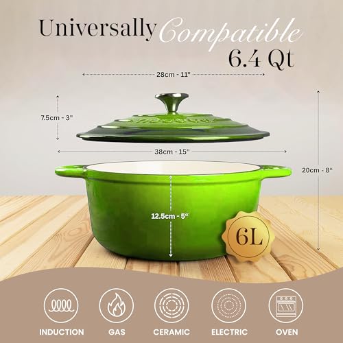 Enamelled Cast Iron Dutch Oven Pot with Lid (Green / 6.4-Quart - Deep)