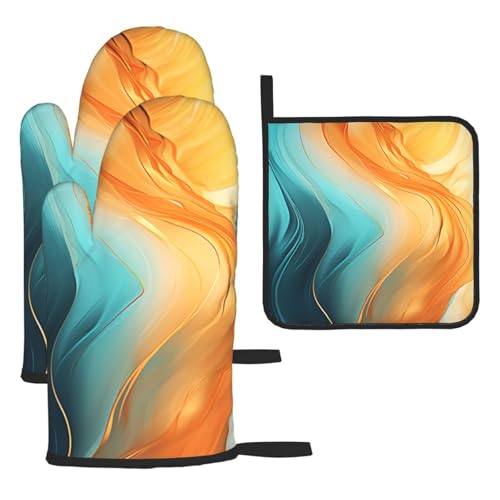 Orange Teal Marble Oven Mitts and Pot Holders Sets of 3 (Orange Teal)