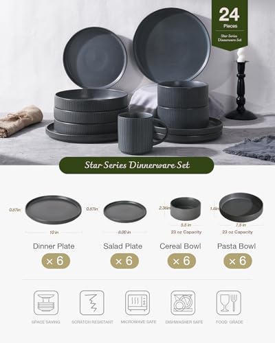 Star Stoneware Dinnerware Sets with Pasta Bowls (Matte Dark Charcoal)