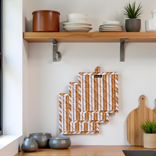 Double Stripe Pot Holders Heat Resistant Cotton Set of 3 Nonslip 8"x8" Inch Hot Pads for Kitchen (8x8 inches / Double Stripe Yellow)