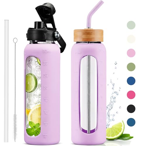 32 oz Glass Water Bottle with Straw and 2 Lids (Light Purple / 32 Ounces)