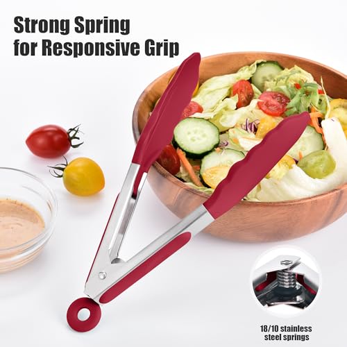 Kitchen Tongs with Silicone Tips for Cooking Serving (Set of 3 (7+9+12in) / Red)