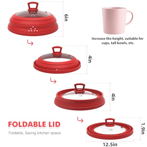 Tall Microwave Splatter Cover Glass Cover Guard Lid 7 inch Height with Collapsible Silicone for Food Pot Plate 12.5 inch Red (12.5 inch / Red (Taller style))