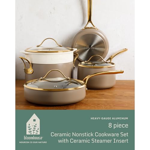 Pots and Pans Set (Cappuccino Cream w/ Gold Handle / 8-Piece Cookware Set)