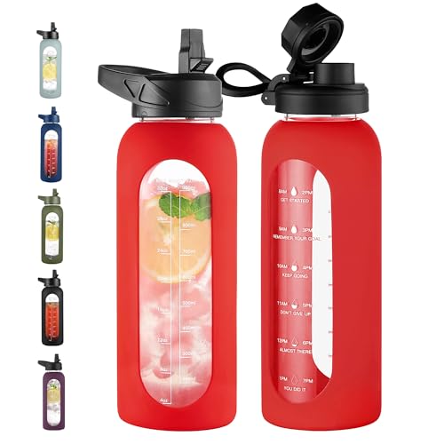 40 oz Glass Water Bottle with Straw (Red / 40 Ounces)