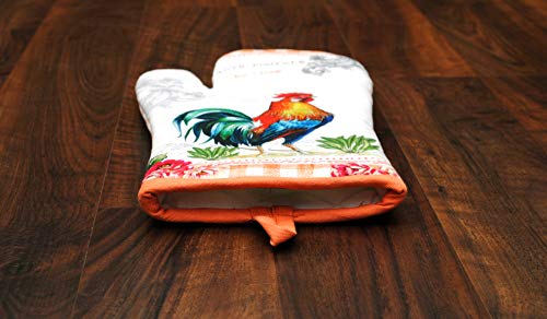 Oven Mitts Set of 1 Quilted Liner with Hanging Loop Non Slip (7x13 inches / Farm Rooster)