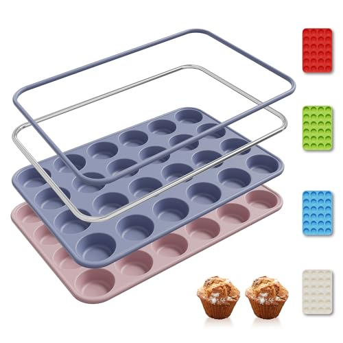 2 Pack 24 Cups Silicone Mini Muffin Pan with Metal Reinforced Frame Silicone Molds Cupcake Pans Tray Egg Bites Circle Cookie Molds Muffin Tin Tart Pans Baking Sheet Set for Breakfast Sandwiches (2pc: 24-Cup Mini / Morandi Pink and Morandi Blue)