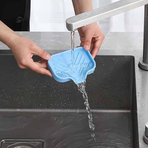 Silicone Soap Dish with Drain Spout (Light Blue / S(4.9"×3.2"))