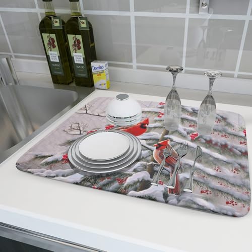 Red Birds Dish Drying Mat Winter Berry Dish Drainer Mats Absorbent Reversible Microfiber Kitchen Countertop Protector Dishes Pad 18x24 inch (Winter Red Bird / 18" x 24")
