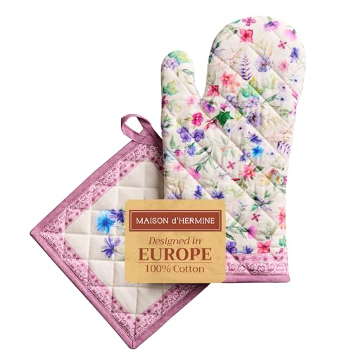100% Cotton Oven Mitt & Pot Holder Set (038 - Chardon / 7.5" x 13" & 8" x 8" (Oven Mitt & Pot Holder))