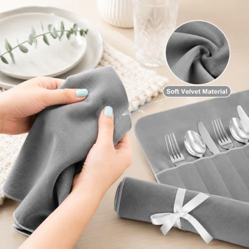 18 Pcs Anti Tarnish Silverware Storage Bags Felt (12 Slots / Gray)