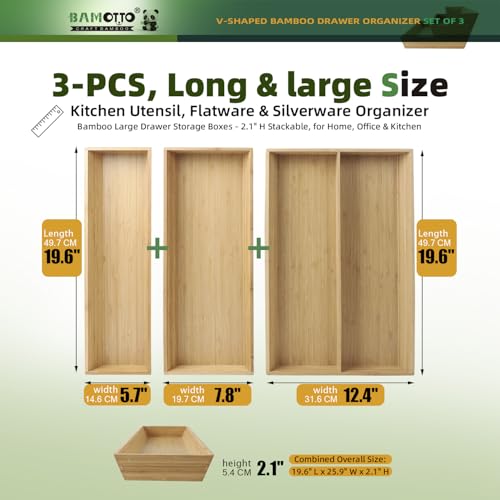 Large Long V Shaped Bamboo Drawer Organizer Set of 3 (Bamboo (V-Shaped 3 Piece Set) / 19.6" L x 25.9" W x 2.1" H)
