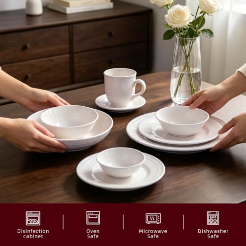 HomeVSS 56 Piece Pearl Dots Stoneware Dinnerware Set (56pc Set / White)