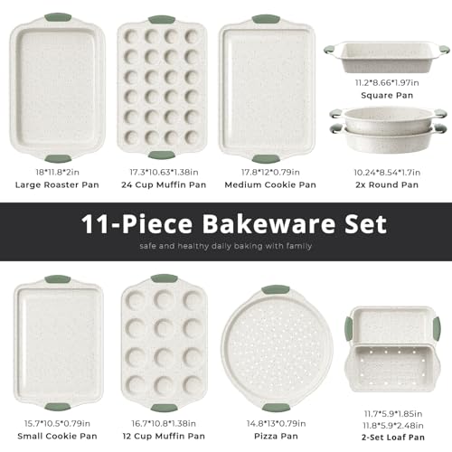 11-Piece Non-Toxic Baking Set, Stackable Nonstick Cookware, White&Green