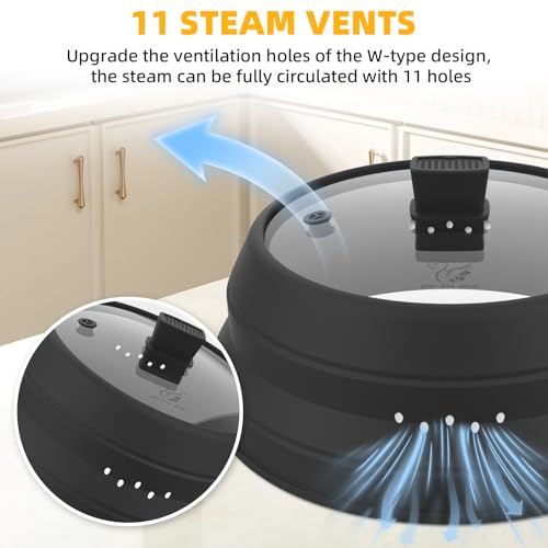 Tall Microwave Splatter Cover Glass Cover Guard Lid 5.8 inch Height with Collapsible Silicone for Food Pot Plate 8.5 inch Black (BLACK / 8.5 inch)