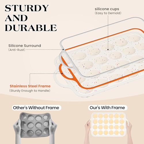 24 Cups Silicone Mini Muffin Pan for Baking with Metal Frame (Cream / 24-Cup Mini)