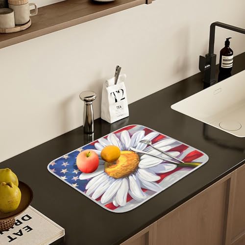 Daisy Flowers and American Flag Dish Drying Mat for Kitchen Ccounter Absorbent Microfiber Small Drying Pad Dish Mats for Kitchen Countertops 16 x 18 Inch (18" x 16")