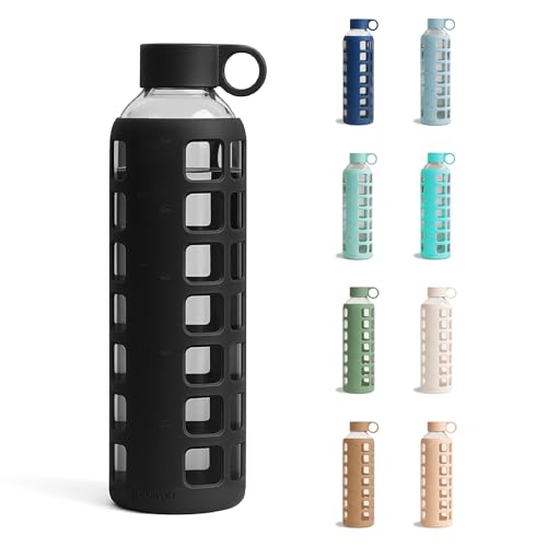 40oz / 32oz / 22oz / 12oz Borosilicate Glass Water Bottle with Time & Volume Markers, Silicone Sleeve, Stainless Steel Lid | Reusable Glass Bottle for Water & Juice (32oz Jet Black) (Jet Black (1 Count) / 32 Ounces)