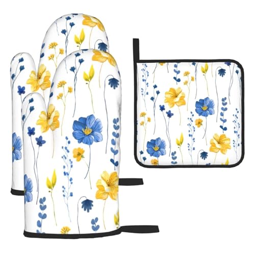 Navy Blue Yellow Flower Oven Mitts and Pot Holders Sets of 3 Watercolor Floral Decorative Hot Pads Heat Resistant Non Slip Washable for Cooking Grilling Baking BBQ Kitchen Decor (3 Count)