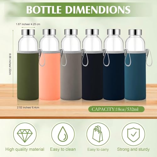 12 Pack Glass Water Bottles with Sleeves (Low profile / Colorful)
