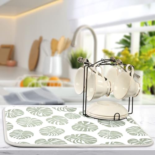 Green Palm Monstera Leaves Dish Drying Mat for Kitchen Counter Absorbent Microfiber Drying Pad (18" x 18")