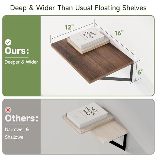 16W x 12D Deep Floating Shelves Set of 4 Natural (Walnut With Black Metal Bracket / 16Wx12Dx5.8H)