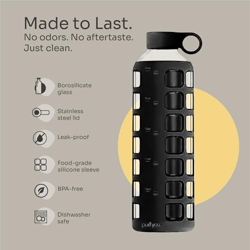 40oz / 32oz / 22oz / 12oz Borosilicate Glass Water Bottle with Time & Volume Markers, Silicone Sleeve, Stainless Steel Lid | Reusable Glass Bottle for Water & Juice (32oz Jet Black) (Jet Black (1 Count) / 32 Ounces)
