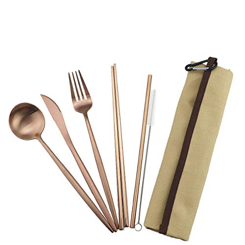 Reusable Travel Utensils (Khaki Pouch / Rose Gold)