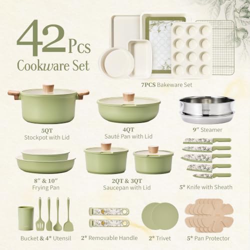 42pcs Ceramic Cookware Set (Green / 42 Piece)