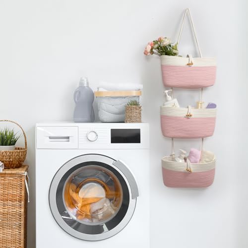 Over The Door Hanging Baskets with Button Strap (Pink+White / 3 tier+Button)