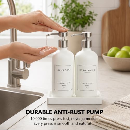 Glass Soap Dispenser Bathroom (White Bottle/Brushed Silver Pump + Tray)