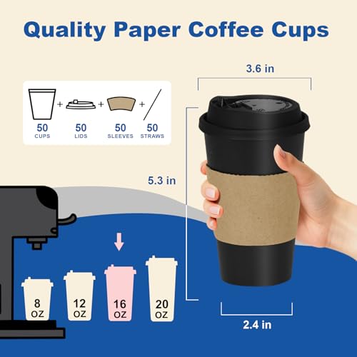 16 oz 50 Pack Coffee Cups with Lids and Sleeves (Black- 50packs / 16 oz)