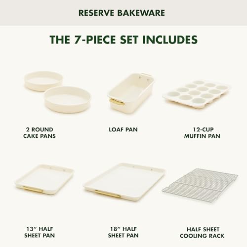 Bakeware Set 7 Piece Nonstick Ceramic Gold Handle Baking Sheets (7 Piece Bakeware Set / Cream)