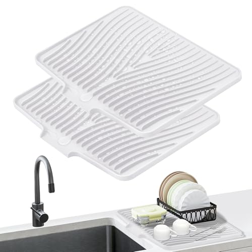 Silicone Dish Drying Mat for Kitchen Counter (White-2pcs / 16" x 12")