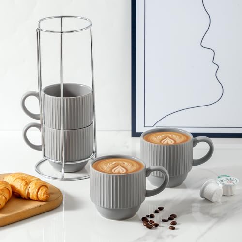 Stackable Coffee Mugs With Stand (Gray / 12 Ounces)