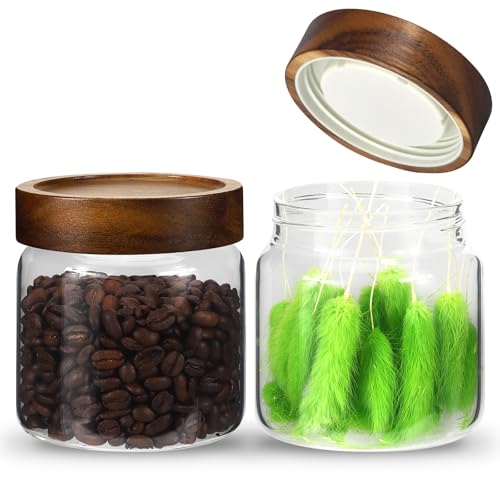 16 oz Glass Jars with Acacia Wood Airtight Lids Spice Jar Herb Storage Canister with Wooden Lid Clear Glass Food Jar for Sugar Pantry Tea Coffee Bean Spice Cookies (500ml/16oz-2pack)