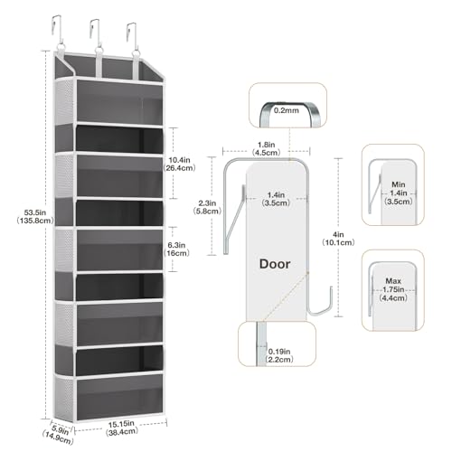 Over the Door Organizer with 5 Front & 10 MeshSide Pockets (Grey)