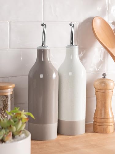Ceramic Oil Dispenser Bottle (White and Cinnamon Brown / 2 Pieces (Milkyway))