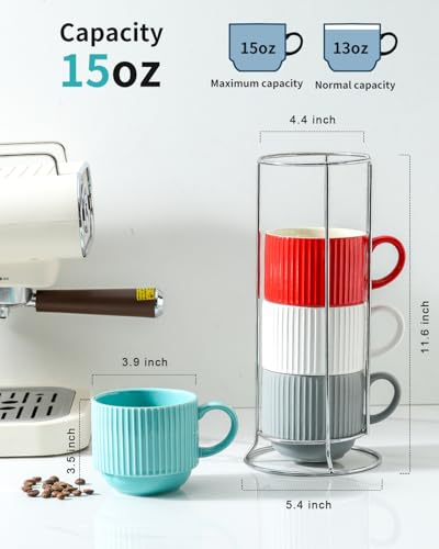Ceramic Coffee Mug Set of 4 with Rack (Mix-Color3 / 15 Ounces)