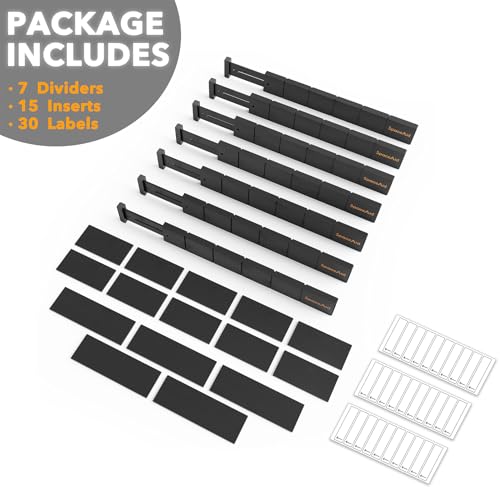 Bamboo Drawer Dividers with Inserts and Labels (2.35''H, 17''-22''L, 7 Dividers / BLACK)