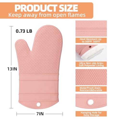 Silicone Oven Mitts Kitchen Potholder Set (2PCS-13"L x 7"W/PINK-HONEYCOMB SURFACE)