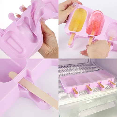 3 Set Violet Samll Popsicles Molds with Lids and 100 Pieces Wooden Popsicles Sticks (Violet / Small Size)