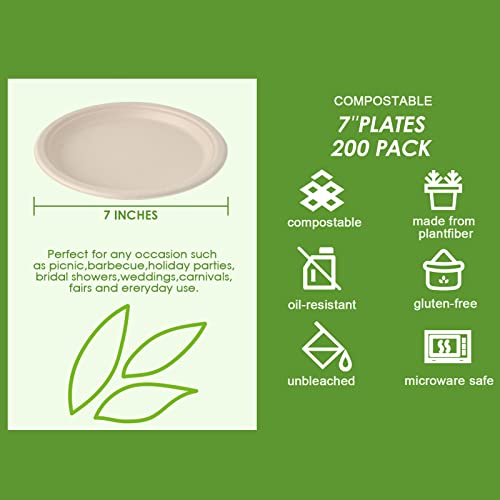 200 Pack Compostable Bagasse Paper Plates 6.9 inch (1 Compartment 7 inch Nature)