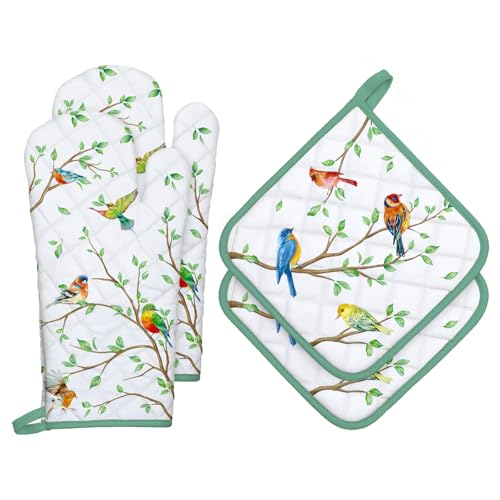 Bird Branch Oven Mitts and Pot Holders Sets 4Pcs (Bird Branch / Oven Mitt x2 & Pot Holder x2)