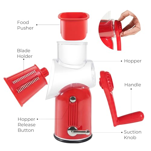 Rotary Cheese Grater 5 Blades Mandoline Slicer for Vegetable (Red)