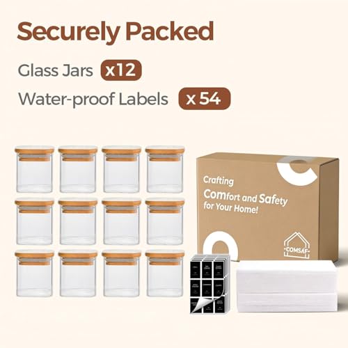 Square Glass Spice Jars with Labels 4 oz 12 Pack with Bamboo Lids (12 Count)