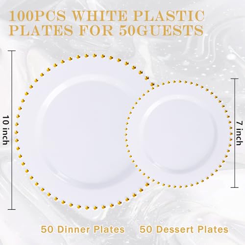 100pcs White Plastic Plates with Gold Beads for Bridal Showers (100 Count)
