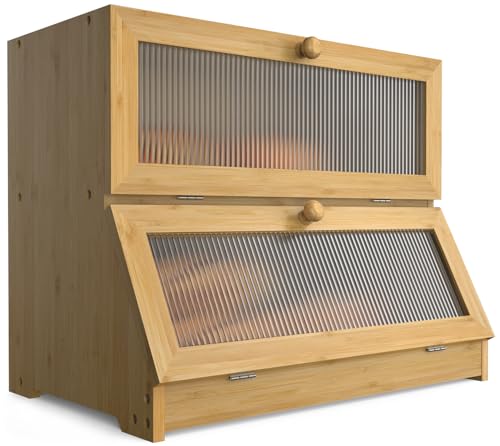 Bread Box for Kitchen Countertop (Bamboo Color / 2‑tier)
