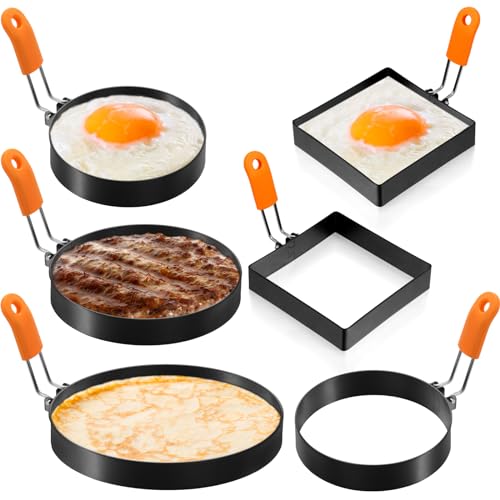 6 Pcs Egg Ring Pancake Ring Set Stainless Steel Fried Egg Molds Griddle Pancake Shapers with Silicone Handle for Breakfast Omelette Sandwich (Square, Round / 4 inches, 6 inches, 8 inches)