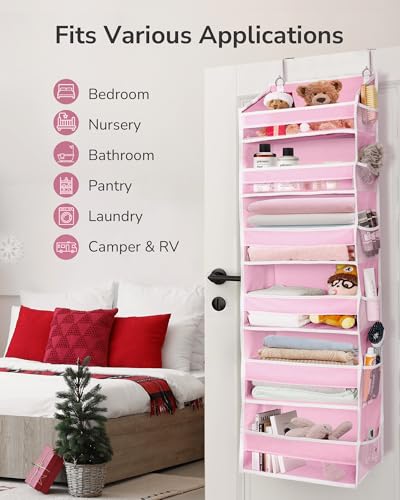 Over The Door Organizer with 6 Large Pockets 12 Side Pockets (Pink / 1 Pack)